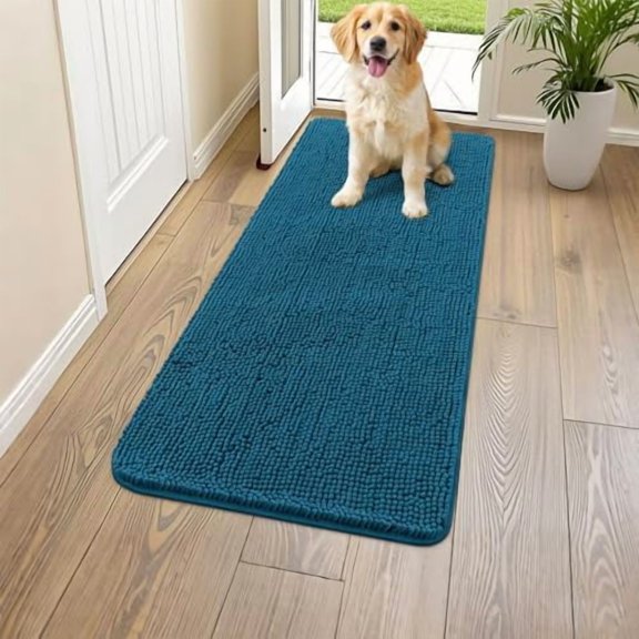 Dog Door Mat for Muddy Paws 47x24, Absorbs Moisture and Dirt Doormat, Non-Slip Washable Quick Dry Chenille Front Door Mat Indoor Entrance, Entryway Carpet for Inside Floor, Atlantic Blue