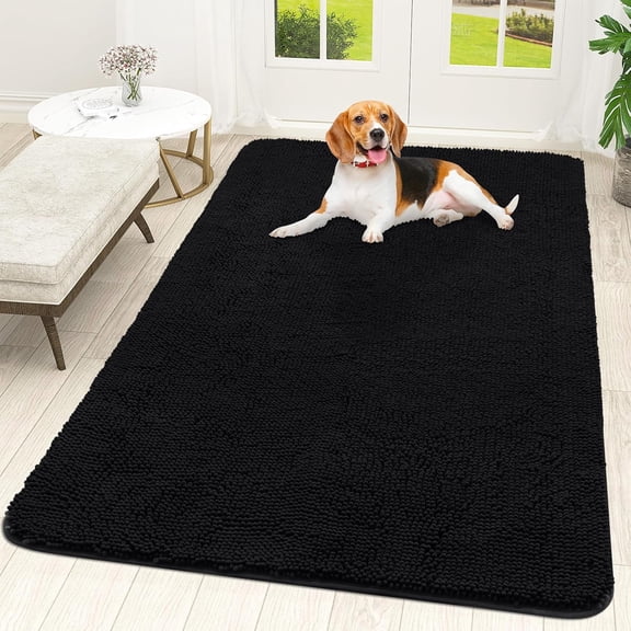 Dog Door Mat for Muddy Paws 59x35, Absorbs Moisture and Dirt, Absorbent Non-Slip Washable Doormat, Quick Dry Chenille Mud Mat for Dogs, Entry Indoor Entryway Carpet for Inside Floor, Black