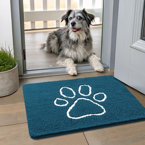Dog Door Mat for Muddy Paws, Absorbent Dirt Trapper Non Slip Quick Dry Washable Chenille Mat for Mud Dogs, Entry Rug for Indoor and Outdoor (24x16 Inches, Atlantic Blue and White)