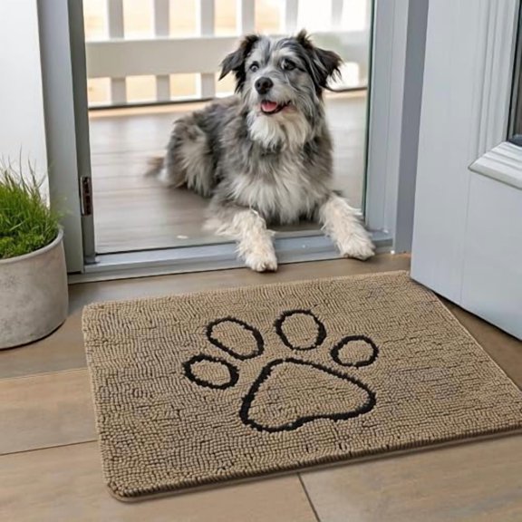 Dog Door Mat for Muddy Paws, Absorbent Dirt Trapper Non Slip Quick Dry Washable Chenille Mat for Mud Dogs, Entry Rug for Indoor and Outdoor (24x16 Inches, Camel and Black)