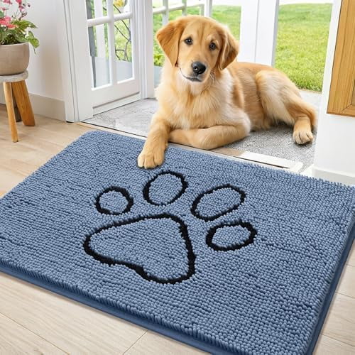 Dog Door Mat for Muddy Paws, Absorbent Dirt Trapper Non Slip Quick Dry Washable Chenille Mat for Mud Dogs, Entry Rug for Indoor and Outdoor (36x24 Inches, Airy Blue and Black)
