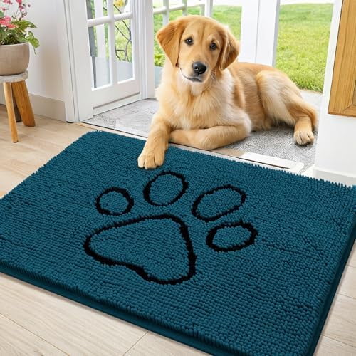 Dog Door Mat for Muddy Paws, Absorbent Dirt Trapper Non Slip Quick Dry Washable Chenille Mat for Mud Dogs, Entry Rug for Indoor and Outdoor (36x24 Inches, Atlantic Blue and Black)