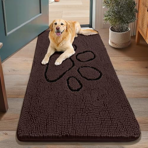Dog Door Mat for Muddy Paws, Absorbent Dirt Trapper Non Slip Quick Dry Washable Chenille Mat for Mud Dogs, Entry Rug for Indoor and Outdoor (48x30 Inches, Brown and Black)