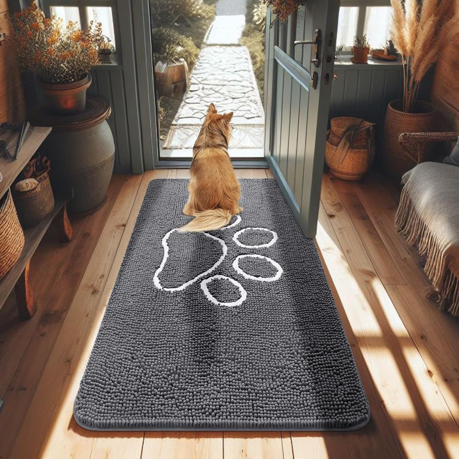 Dog Door Mat for Muddy Paws, Absorbent Dirt Trapper NonSlip Washable