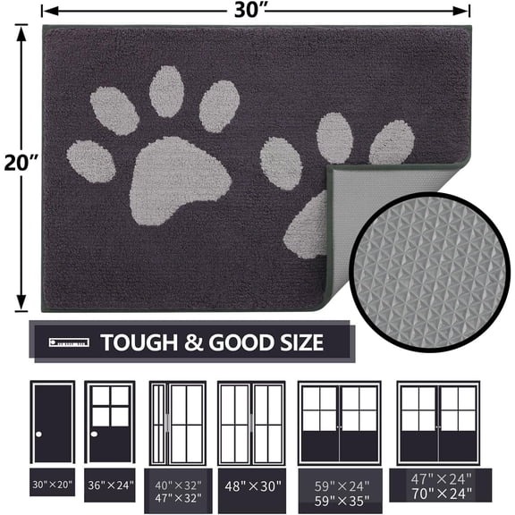 Dog Door Mat for Muddy Paws, Absorbent Dirt Trapper Washable Indoor Doormats, Non Slip Low- Mud Mat for Dogs, Front Entrance Doormat for Inside Floor (59x35 Inches, Dark Grey)