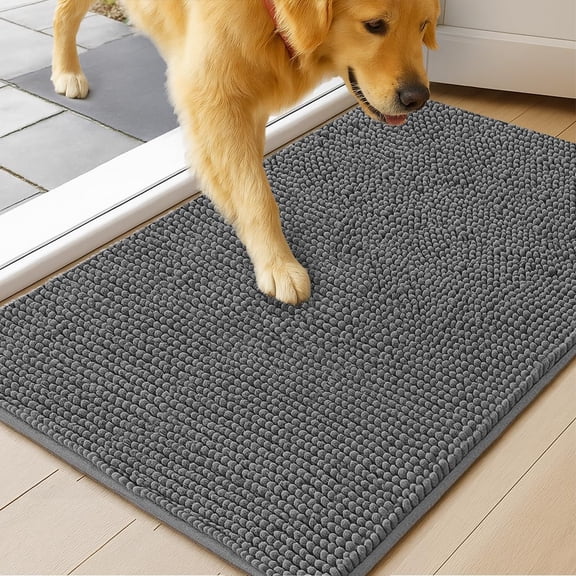  Dog Door Mat for Muddy Paws, Super Absorbent Microfiber, Non-Slip Indoor Mat, Quick Dry Chenille Mud Mat for Dogs & Entryway, Washable, Grey 19" x 30"