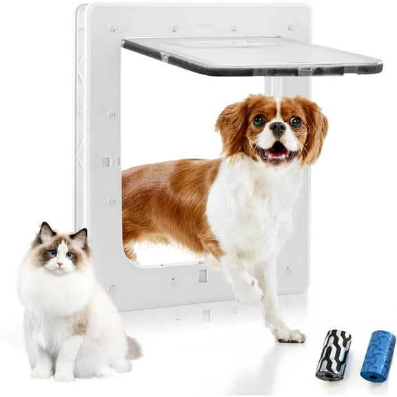 Dog Door, Plastic Pet Door, 6 ½” x 9 ¼” Inner Frame for Large Dog and Pets, Easy to Install, 2-Way Locks, Durable Frame Doggy Door for Door, Screen & Wall, White Doggie Door (Small, Plastic)