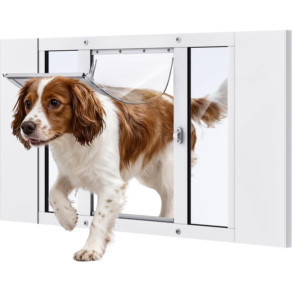 Dog Door for Window, Aluminum Frame Window Pet Door, Adjustable to Fit 27"-32" Width Sliding Windows, Magnetic Closure, Fits Dogs up to 100lb, Large