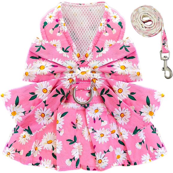 Dog Dress Bowknot Harness Leash Set for Small Dogs Cats Daisy Floral Girl Dog Dresses Cute Puppy Princess Clothes Pet Doggy Outfits Spring Summer Breathable Dresses(Pink,Large)