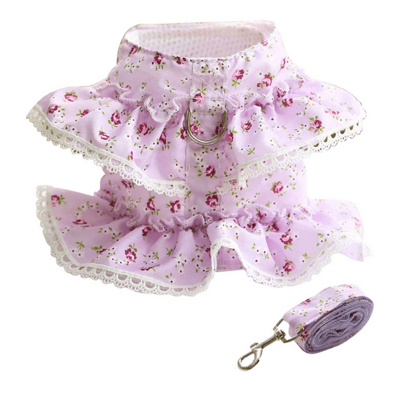 Dog Dress Harness Vest with Leash Set, Flower Puppy Harness, Cute Doggy Lace Princess Clothes, Soft Breathable Mesh, Outdoor Walking Harness for Small Medium Dogs Cats Girl Chihuahua Yorkie Teddy