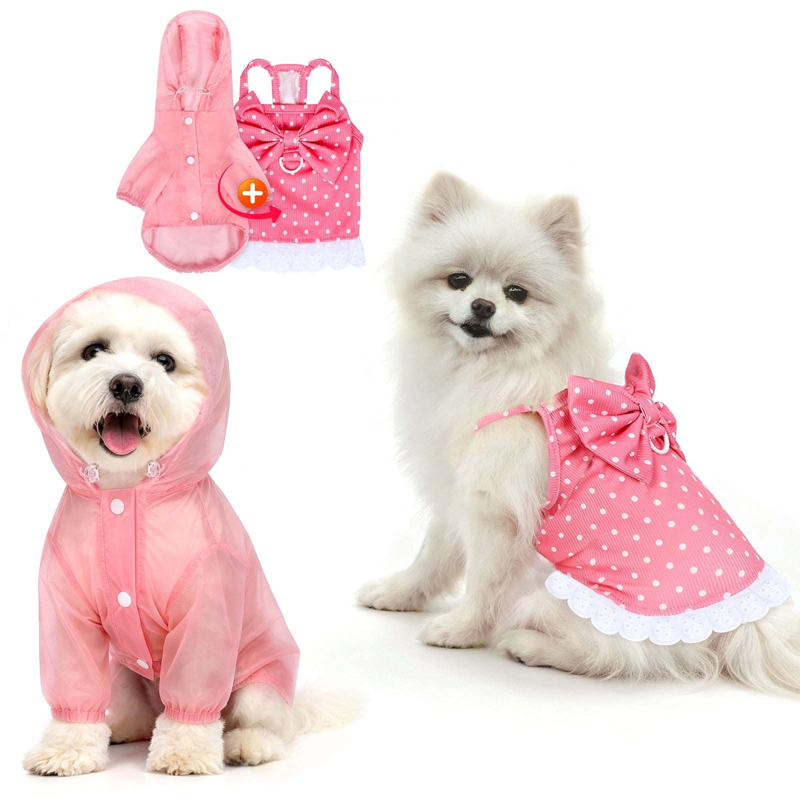 Dog Dress & Hooded Raincoat 2‑Pack , Puppy Cat Girl Clothes Pink Polka Dot Bow Sleeveless Lace Skirt, Waterproof Lightweight Breathable Outfit for Small Dogs Cats S