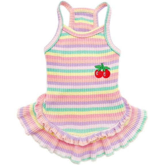 Dog Dress Puppy Colorful Striped Dog Skirts Cherry Printed Dog Clothes Pet Princess Dresses Rainbow Color Pet Tutu Skirt Puppy Sundress Vest Apparel for Small Medium Puppy