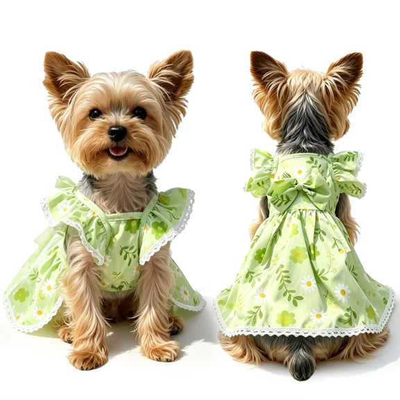 Dog Dresses for Small Dogs Girls, Floral Puppy Dress Princess Bowknot Summer Dress Dog Clothes for Small Dogs Cats Pet Yorkie Chihuahua Tulle Dress(Green,size S)