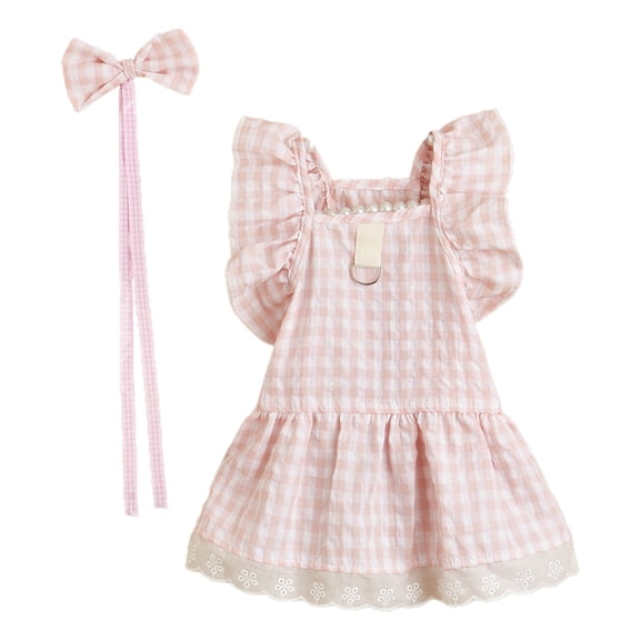 Dog Dresses with Bow Headdress, Ruffled Sleeve Lace Hem Pullover Plaid Dress for Chihuahua Teddy Small Dogs