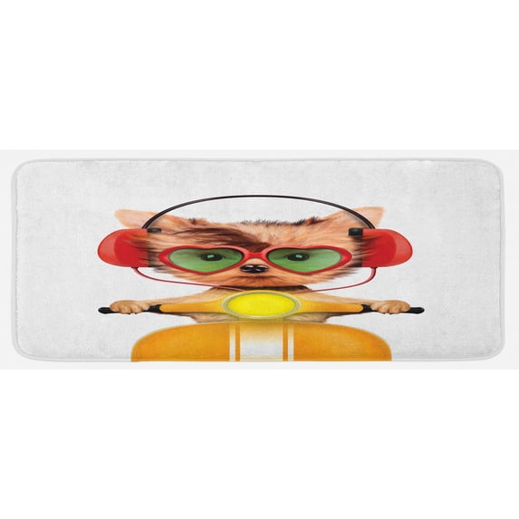 Dog Driver Kitchen Mat, Funny Puppy Riding a Motorbike with Heart Shapes Glasses and Headphones Humor, Plush Decorative Kitchen Mat with Non Slip Backing, 47" X 19", Multicolor, by Ambesonne