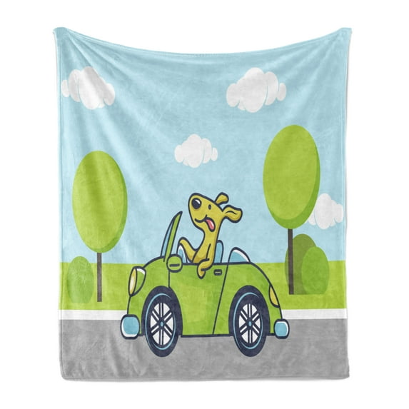 Dog Driver Soft Flannel Fleece Blanket, Puppy on the Road Car Jack Russell Journey Terrier Speed Race Cartoon, Cozy Plush for Indoor and Outdoor Use, 50" x 70", Baby Blue Lime Green, by Ambesonne