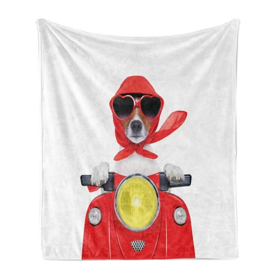Dog Driver Soft Flannel Fleece Throw Blanket, Canine with Scarf Sunglasses Fashion Model Riding Scooter Funny Animal, Cozy Plush for Indoor and Outdoor Use, 60" x 80", Multicolor, by Ambesonne