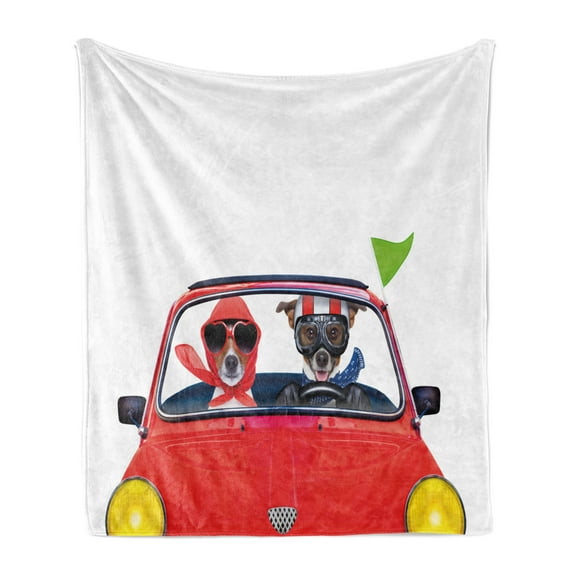 Dog Driver Soft Flannel Fleece Throw Blanket, Jack Russell Couple Just Married in a Car for Summer Vacation Honeymoon Theme, Cozy Plush for Indoor and Outdoor Use, 70" x 90", Multicolor, by Ambesonne