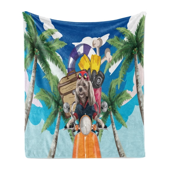 Dog Driver Soft Flannel Fleece Throw Blanket, Puppy in Tropical Island with Palm Trees on a Motorbike Travel Holiday Theme, Cozy Plush for Indoor and Outdoor Use, 70" x 90", Multicolor, by Ambesonne