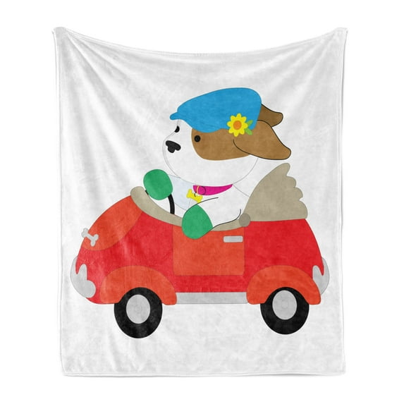 Dog Driver Soft Flannel Fleece Throw Blanket, Puppy Wearing a Driving Cap with Flower in Car Companion Humor Joke Cartoon, Cozy Plush for Indoor and Outdoor Use, 70" x 90", Multicolor, by Ambesonne