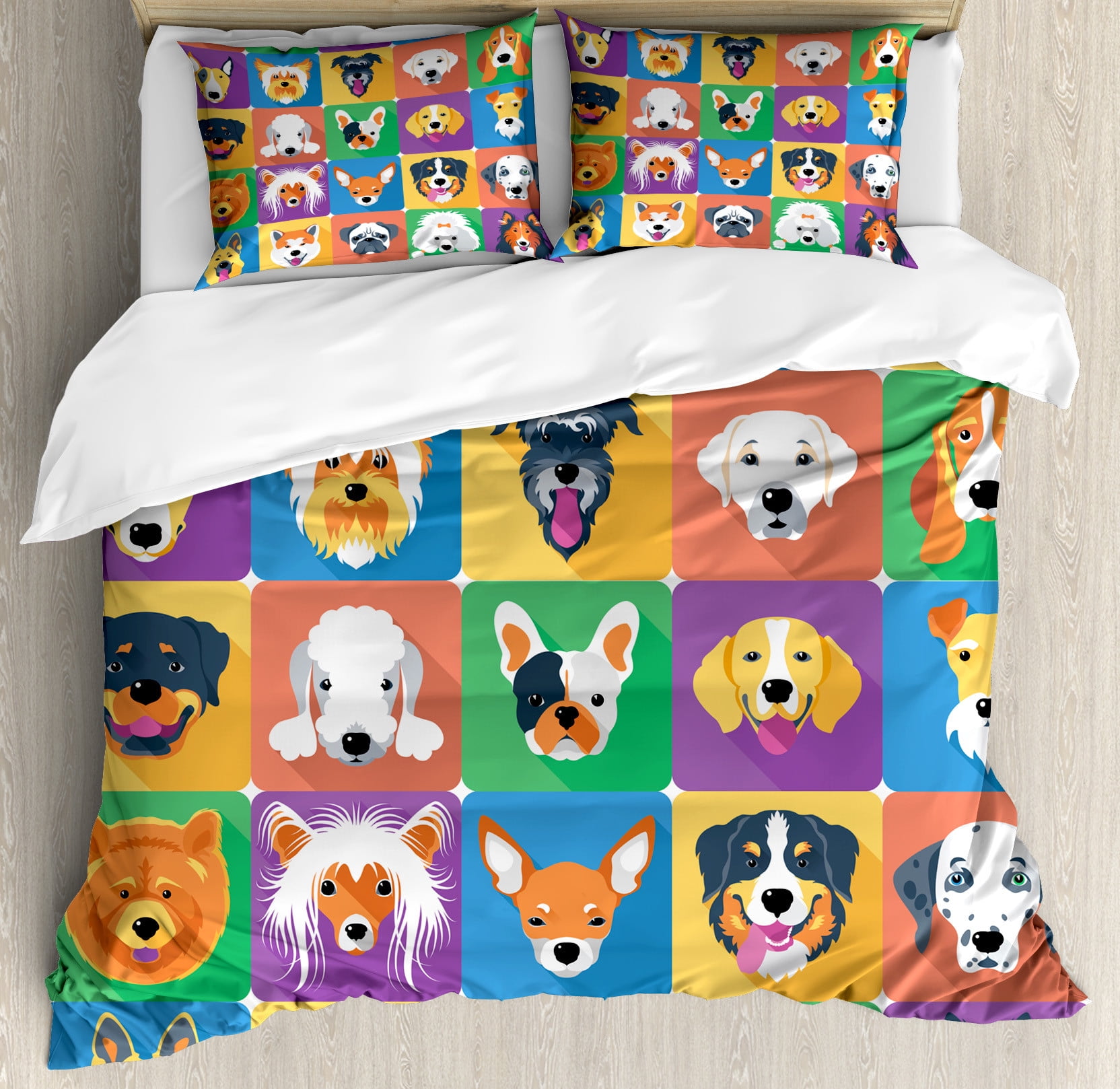 Colorful Dog Breeds Queen Duvet Cover Set with Shams