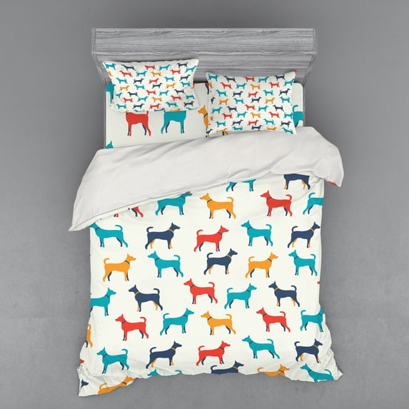 Dog Duvet Cover Set, Contemporary Colorful Illustration of Pet Contours in Retro Style Print, Bedding Set with Shams and Fitted Sheet, 3 Sizes, by Ambesonne