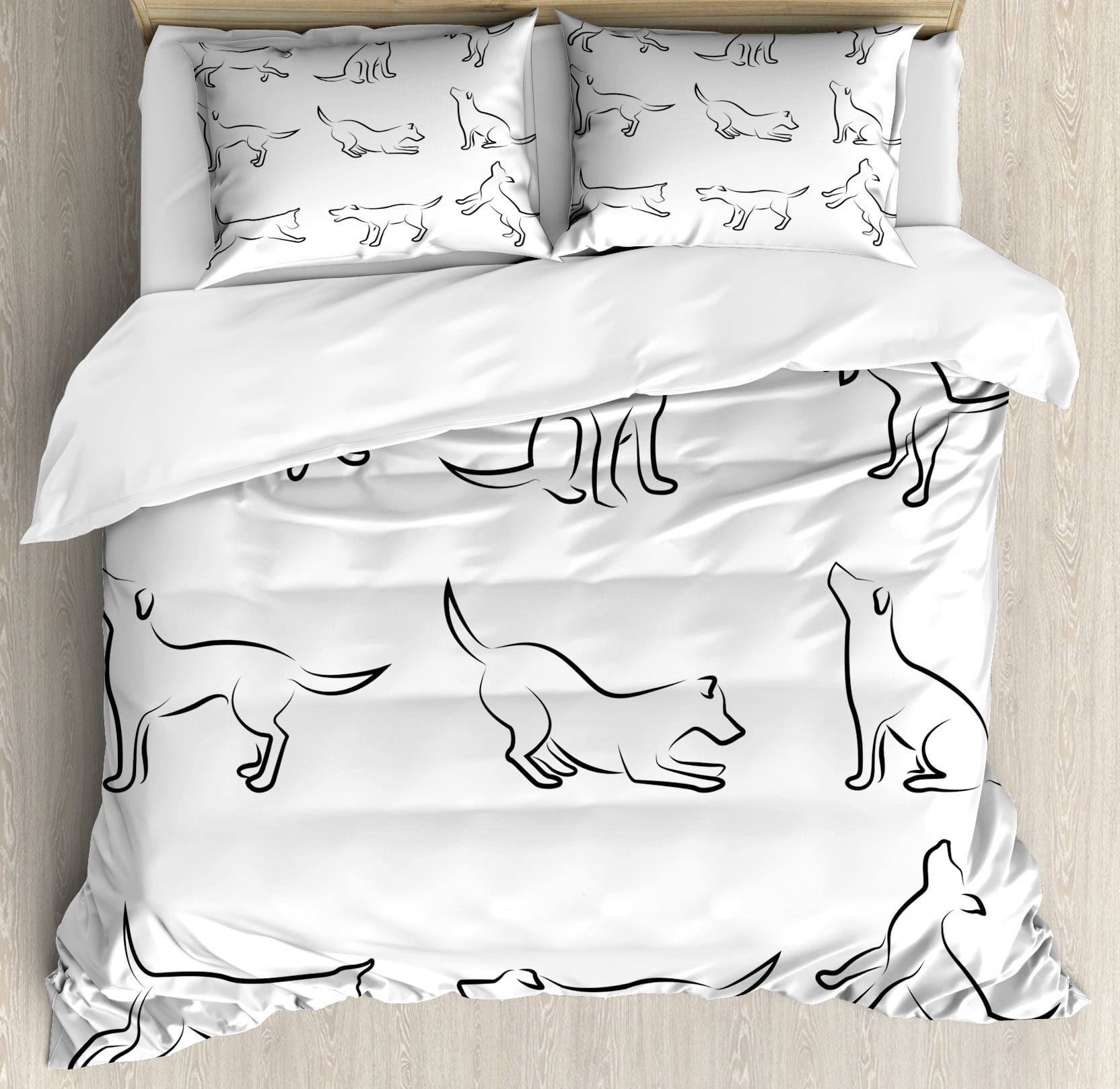 White and Black Dog Sketch Queen Duvet Cover Set