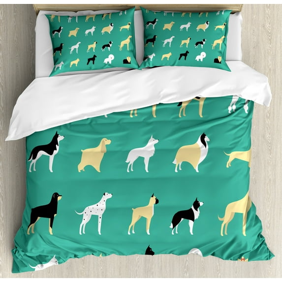 Dog Duvet Cover Set, Miniature Composition of Various Domestic Animals as Bulldog Terrier Dalmatian, Decorative 3 Piece Bedding Set with 2 Pillow Shams, Calking Size, Sea Green and Cream, by Ambesonne