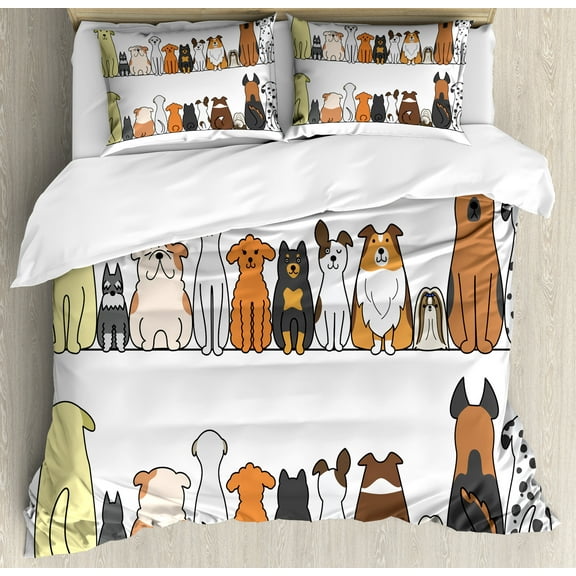 Dog Duvet Cover Set, Multicultural Dog Family in a Row from Back and Front Views Companionship Comic Art, Decorative 3 Piece Bedding Set with 2 Pillow Shams, Calking Size, Yellow Brown, by Ambesonne