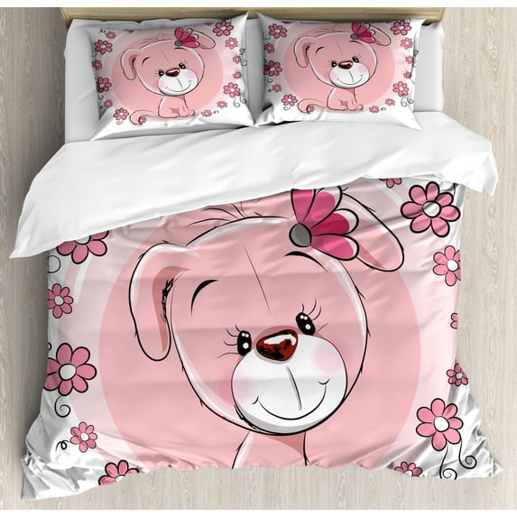 Dog Duvet Cover Set Queen Size, Cute Little Puppy with Daisy Flowers Cheerful Adorable Domestic Pet Girls, Decorative 3 Piece Bedding Set with 2 Pillow Shams, Pale Pink Coral White, by Ambesonne