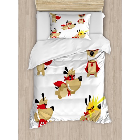 Dog Duvet Cover Set, Superhero Puppy Paw Costume and Mystic Powers Laser Vision Supreme Talents, Decorative 2 Piece Bedding Set with 1 Pillow Shams, Twin Size, Red Cream White, by Ambesonne