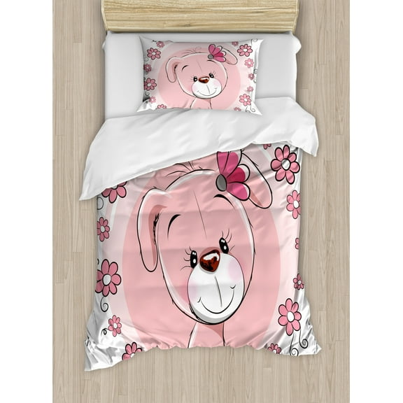 Dog Duvet Cover Set Twin Size, Cute Little Puppy with Daisy Flowers Cheerful Adorable Domestic Pet Girls, Decorative 2 Piece Bedding Set with 1 Pillow Sham, Pale Pink Coral White, by Ambesonne