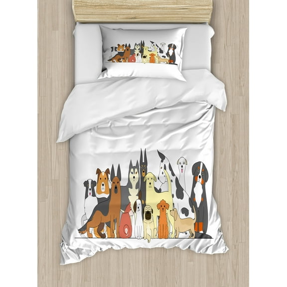 Dog Duvet Cover Set Twin Size, Nursery Cartoon Style Clutter of Dogs Husky Jack Russel Terrier Bulldog Illustration, Decorative 2 Piece Bedding Set with 1 Pillow Sham, Multicolor, by Ambesonne