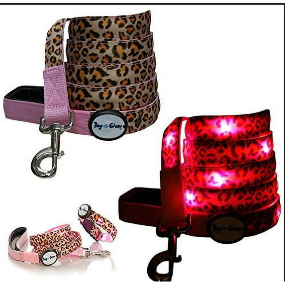 Dog-E-Glow Collar & Leash with LED Light Up Lights For Dogs ~ Pink Leopard~Large