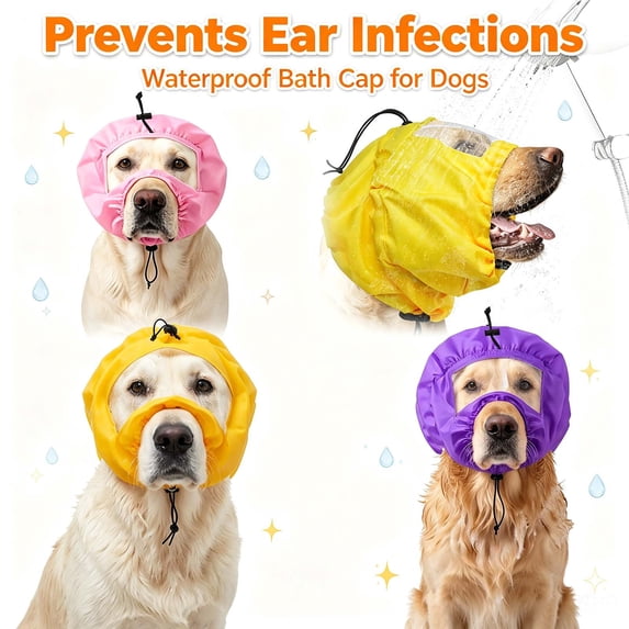 Dog Ear Covers for Bath, Adjustable Shower Cap for Medium Large Dogs _ Yellow