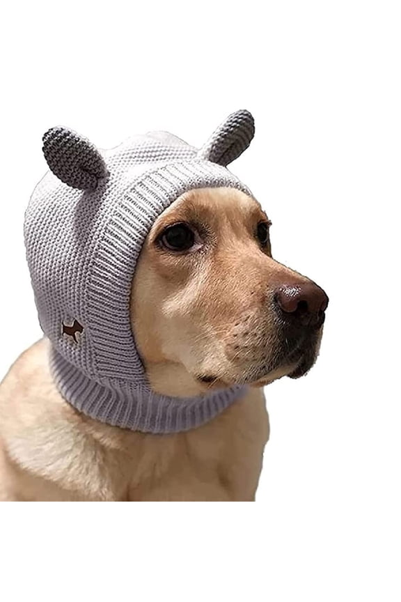 Dog Ear Muffs, Noise Protection Winter Hood for Large Dogs, Soft Breathable Knitted Ear Warmer Anxiety Relief Grooming Assistant Machine Washable, Gray