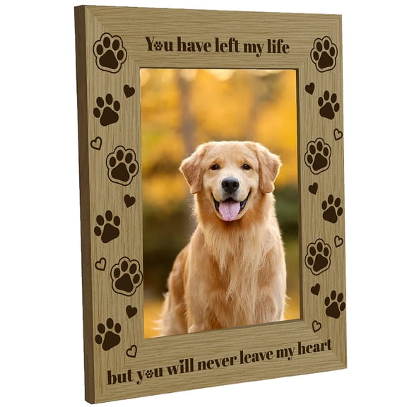 Dog Engraved Picture Frame Wooden Memorial Frame Natural Wood Vintage Pet Paw Print You Will Never Leave My Heart Photo Display Tabletop Wall Hanging