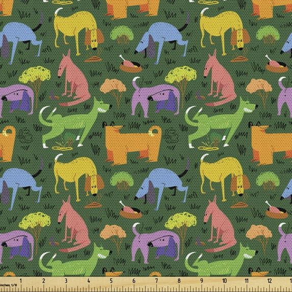 Ambesonne Dog Fabric by the Yard Upholstery, Assorted Cartoon Style Pets, 2 Yards, Hunter Green Multicolor