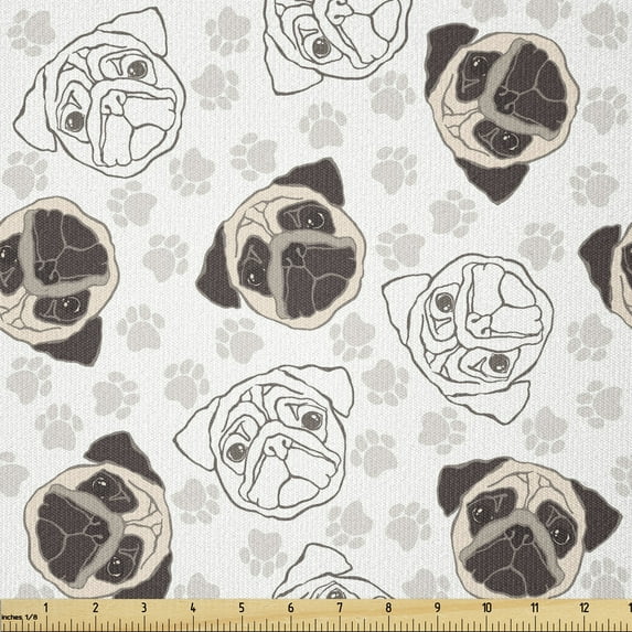 Dog Fabric by The Yard, Pug Portraits Traces Paw Print Background Canine Pet Illustration Mammal Animal, Stretch Knit Fabric for Clothing Sewing and Arts Crafts, 2 Yards, Beige Brown, by Ambesonne