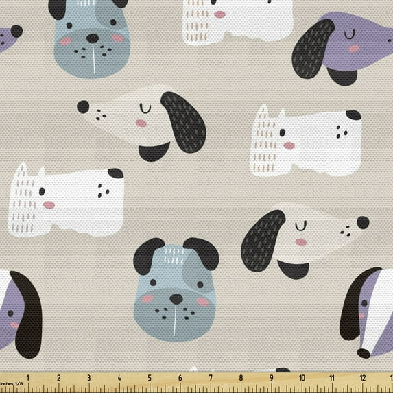 Ambesonne Dog Fabric by the Yard Upholstery, Cartoon Puppy Faces, 1 Yard, Multicolor