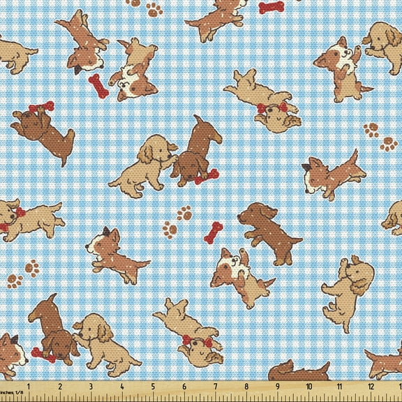 Ambesonne Dog Lover Fabric by the Yard Upholstery, Playful Golden Puppy, 5 Yards, Multicolor