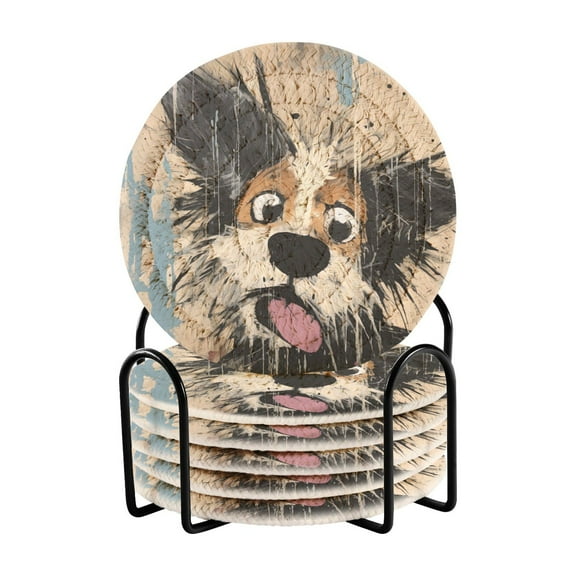 Dog Face 6 Pcs Drink Coasters with Holder Absorbent Coasters Woven Coasters for Drinks Table Desk Protection Home Decor