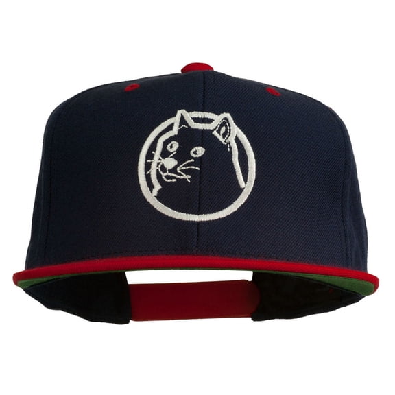 Dog Face Embroidered Flat Bill Snapback Cap - Navy Red OSFM