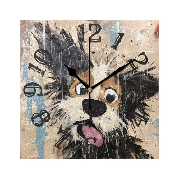 Dog Face Wall Clock Square Silent Non Ticking Battery Operated Clock for Home Bathroom Kitchen Bedroom Living Room