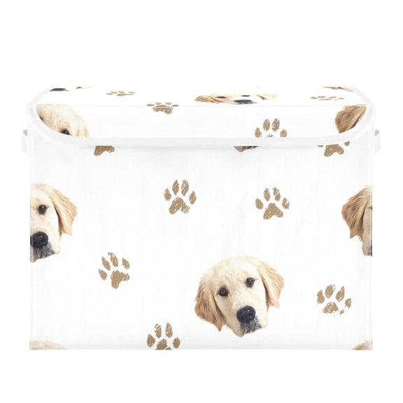Dog Face with Dog Paw Prints Cute Foldable Storage Bins with Lids Handles Collapsible Storage Containers Tote Boxes 16.5 x 12.6 x 11.8 inches