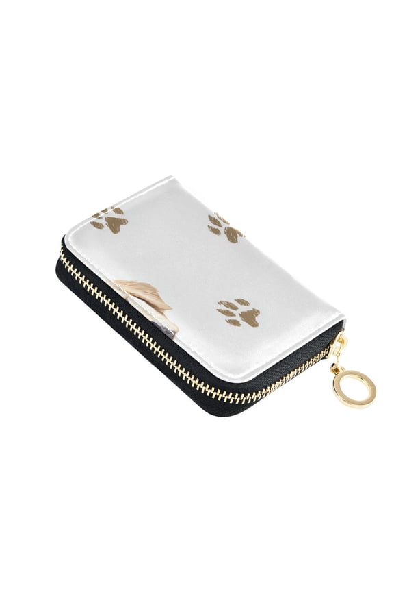 Dog Face with Dog Paw Prints Cute Women's Credit Card Holder PU Leather Zipper Wallet RFID Blocking