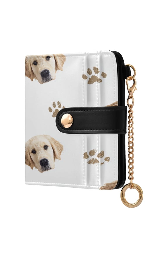 Dog Face with Dog Paw Prints Cute Women's Wallet PU Leather Card Cases RFID Blocking Purse Billfold with Key Ring