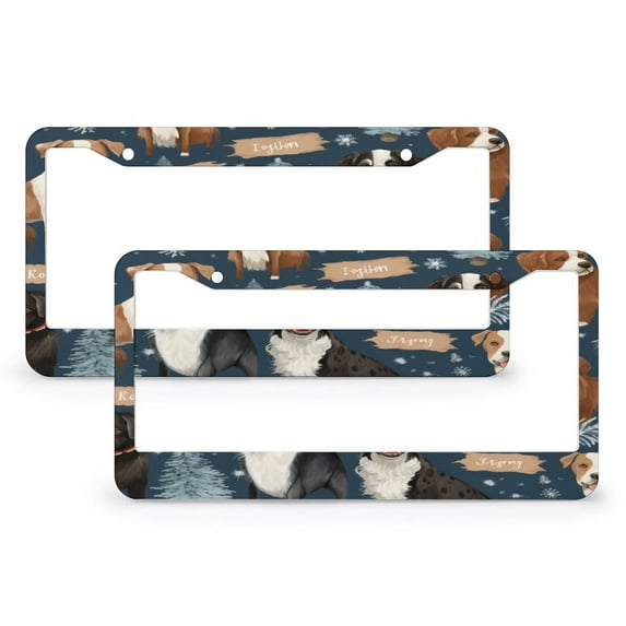 Dog Family Christmas License Plate Frame 2 Pcs Set Merry Christmas Cute Animals Personalized License Plate Frame for Women 2 Holes Quality Aluminum Metal License Plate Frames
