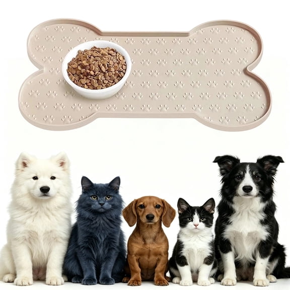 Dog Feeding Mat, 19.5x9.8 Inch Soft Silicone Dog Food Mat, Raised Waterproof Rim Cat Dog Placemat Prevents Messy Floor Stains (Beige)