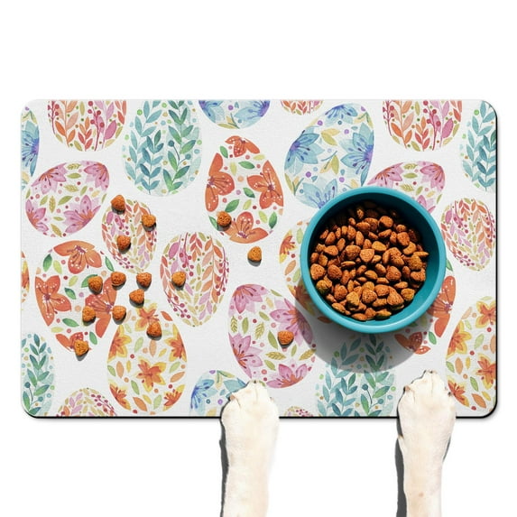 Dog Feeding Mat, Dog Mat for Food and Water, Pet Dog Cat Bowl Mat, Anti-Slip Reusable Cat Feeding Mat with Happy Easter Watercolor Eggs,16inx24in